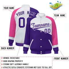 Purple White-Pink Color Block Varsity Full-Snap Baseball Jacket 2