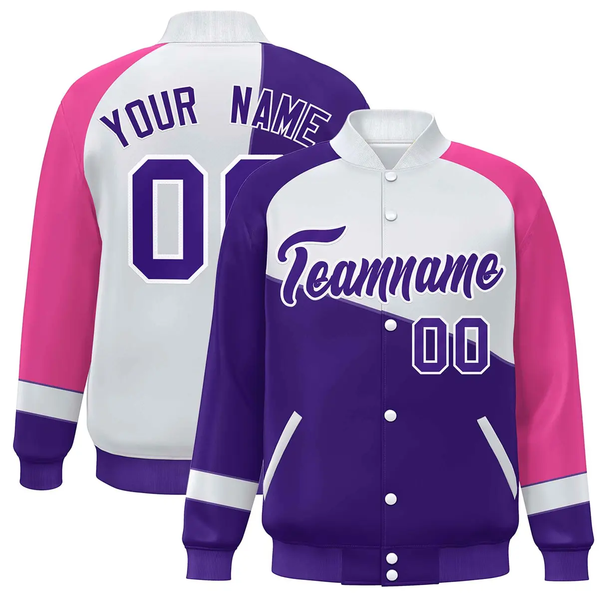 Purple White-Pink Color Block Varsity Full-Snap Baseball Jacket