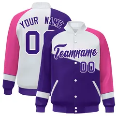 Purple White-Pink Color Block Varsity Full-Snap Baseball Jacket