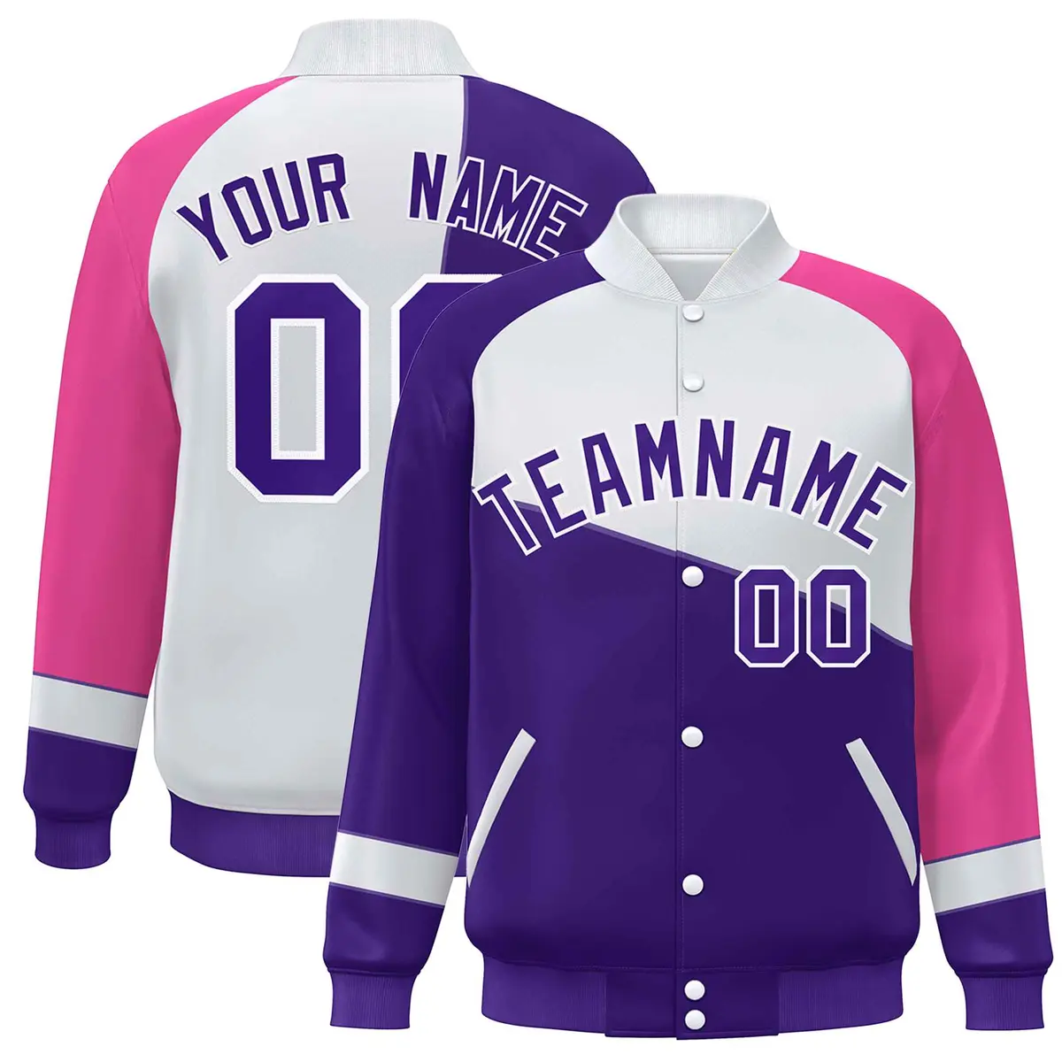 Purple White-Pink Color Block Varsity Full-Snap Baseball Jacket