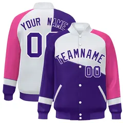 Purple White-Pink Color Block Varsity Full-Snap Baseball Jacket