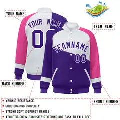 Purple White-Pink Color Block Varsity Full-Snap Baseball Jacket 2