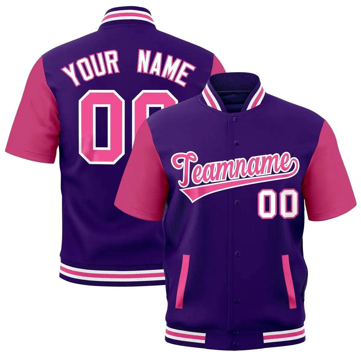 Purple White Pink Full-Snap Short Sleeve Varsity Jacket