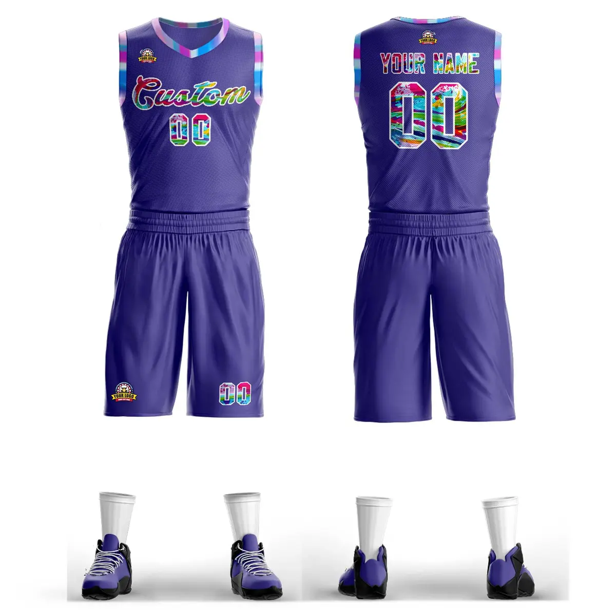 Purple White-Pink Graffiti Pattern Mesh Basketball Jersey Sets