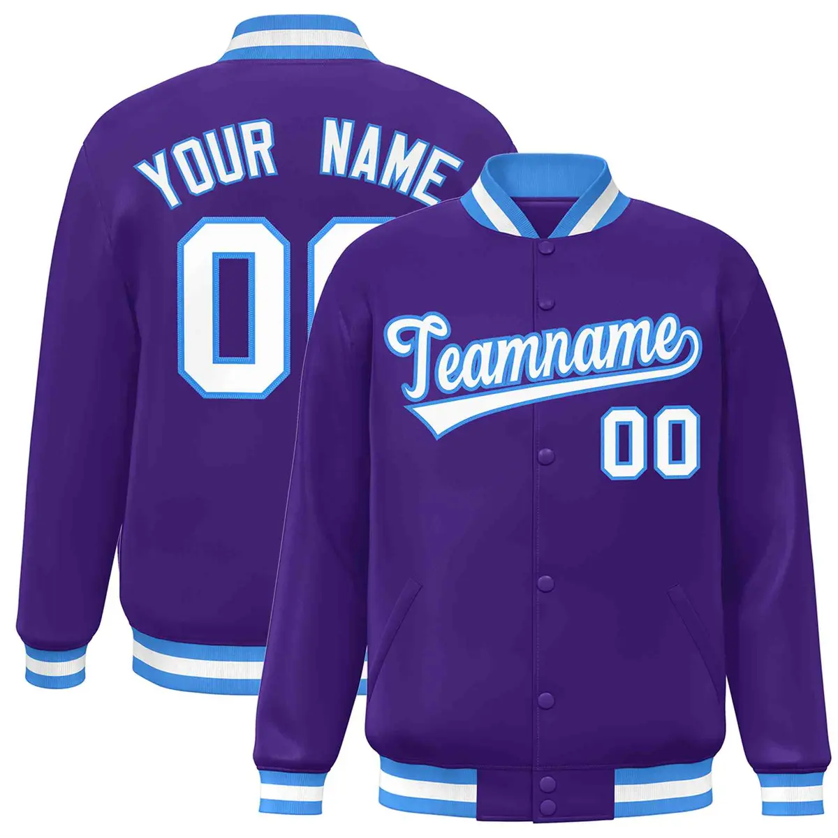 Purple White-Powder Blue Varsity Full-Snap Letterman Jacket