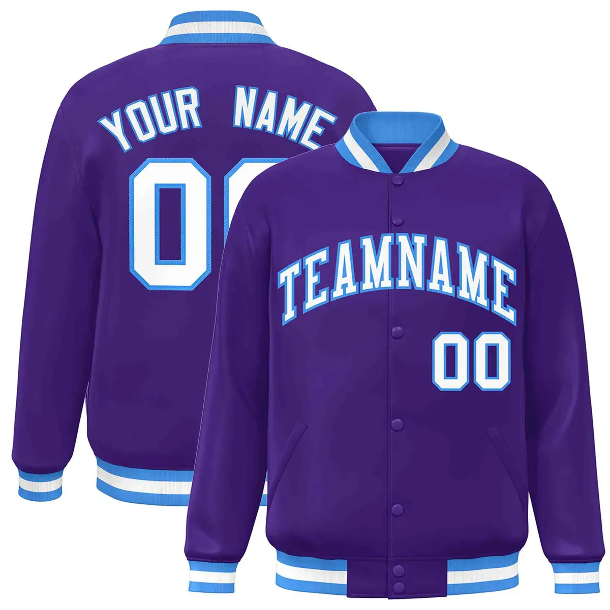 Purple White-Powder Blue Varsity Full-Snap Letterman Jacket