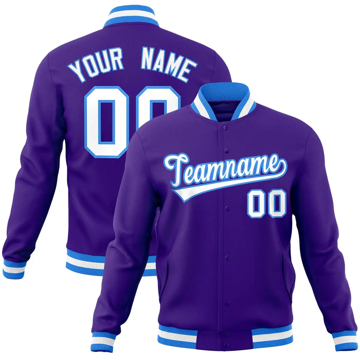 Purple White-Powder Blue Varsity Full-Snap Letterman Jacket