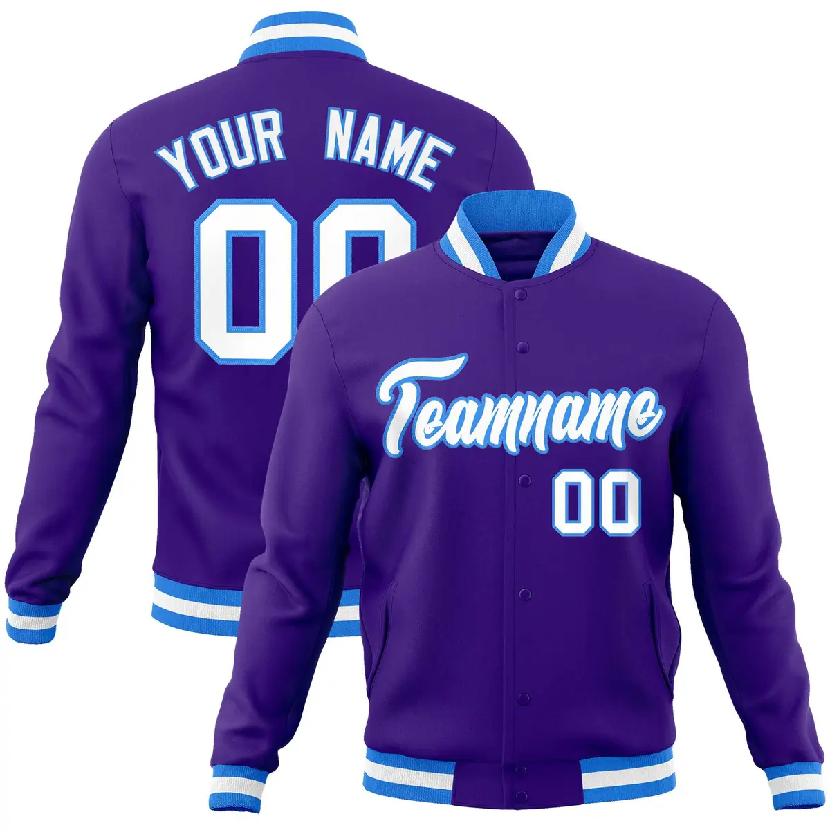 Purple White-Powder Blue Varsity Full-Snap Letterman Jacket