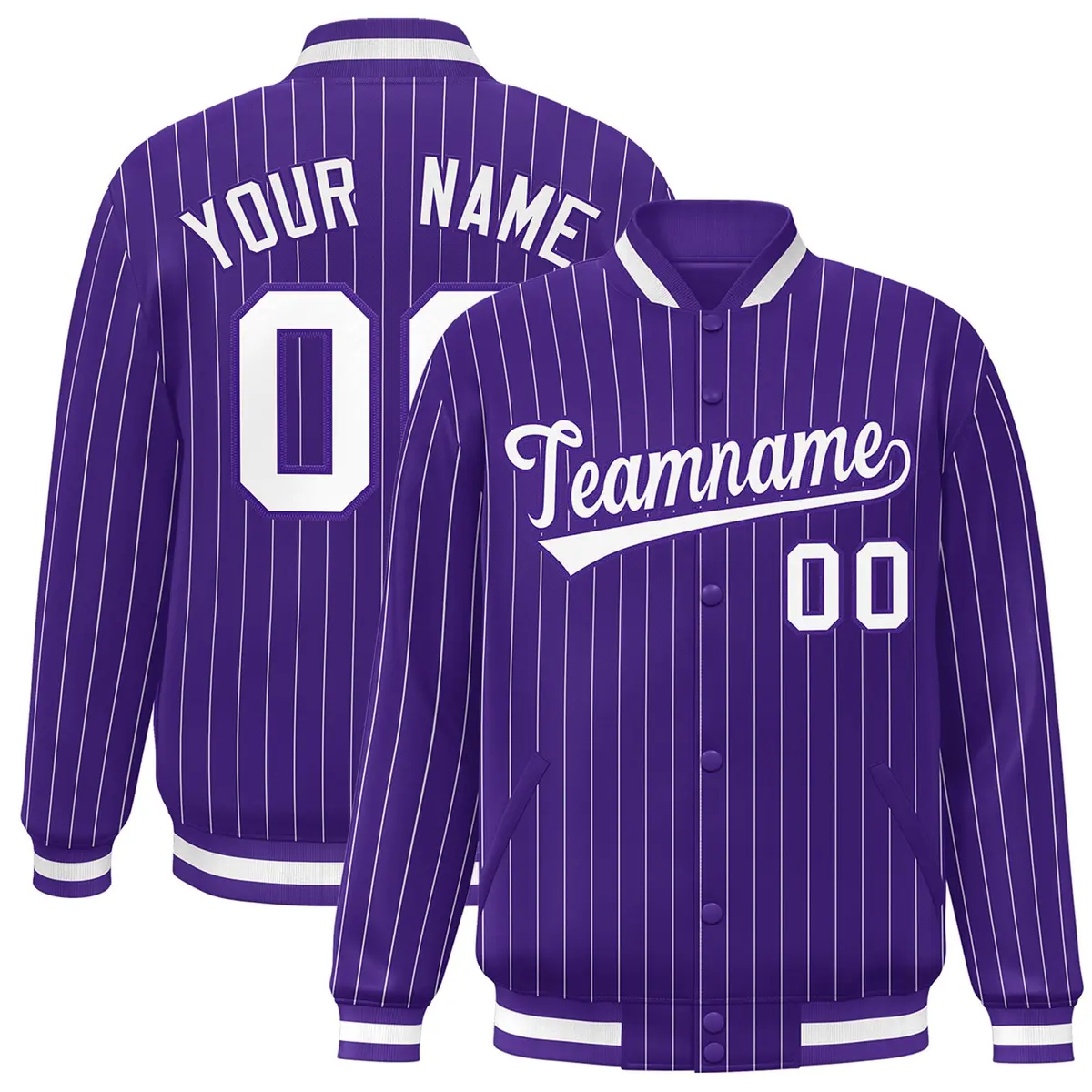 Purple White-Purple Stripe Letterman Bomber Varsity Jacket