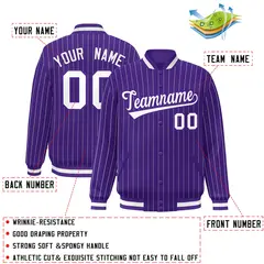 Purple White-Purple Stripe Letterman Bomber Varsity Jacket 2