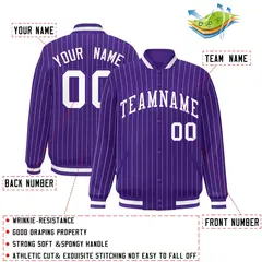 Purple White-Purple Stripe Letterman Bomber Varsity Jacket 2