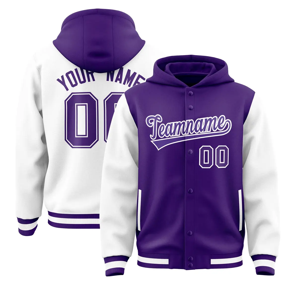 Purple White Raglan Sleeves Two Tone Varsity Full-Snap Letterman Jacket Hoodie