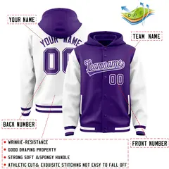 Purple White Raglan Sleeves Two Tone Varsity Full-Snap Letterman Jacket Hoodie 4
