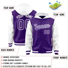 Purple White Raglan Sleeves Two Tone Varsity Full-Snap Letterman Jacket Hoodie 4