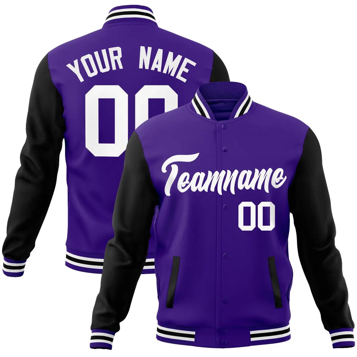 Purple White Raglan Varsity Full-Snap Letterman Jacket