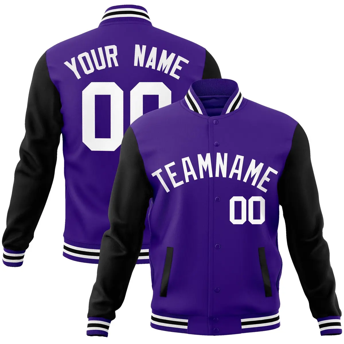 Purple White Raglan Varsity Full-Snap Letterman Jacket