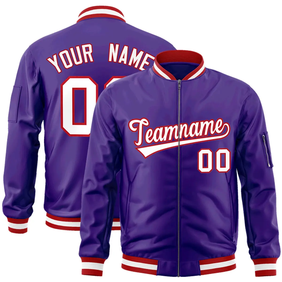 Purple White-Red Varsity Full-Zip Letterman Bomber Jacket
