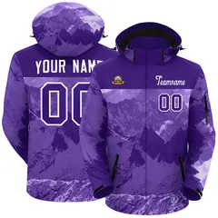 Purple White Snow Mountain Graffiti Pattern Hooded Waterproof Outdoor Jacket