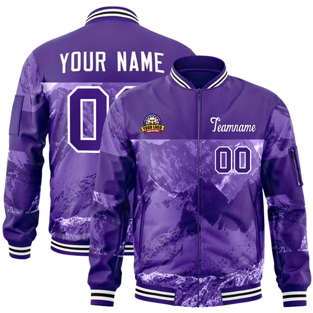Purple White Snow Mountain Varsity Letterman Bomber Jacket