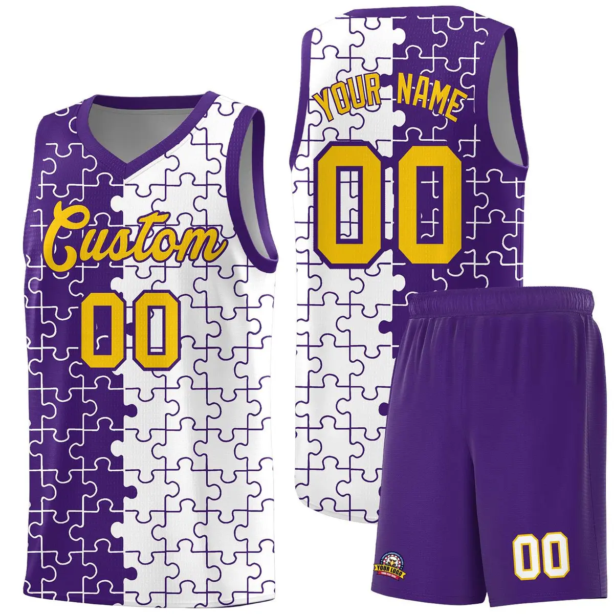 Purple White Splid Puzzle Pattern Basketball Kits