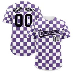 Purple White Square Grid Color Block Baseball Jersey
