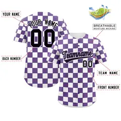 Purple White Square Grid Color Block Baseball Jersey 2