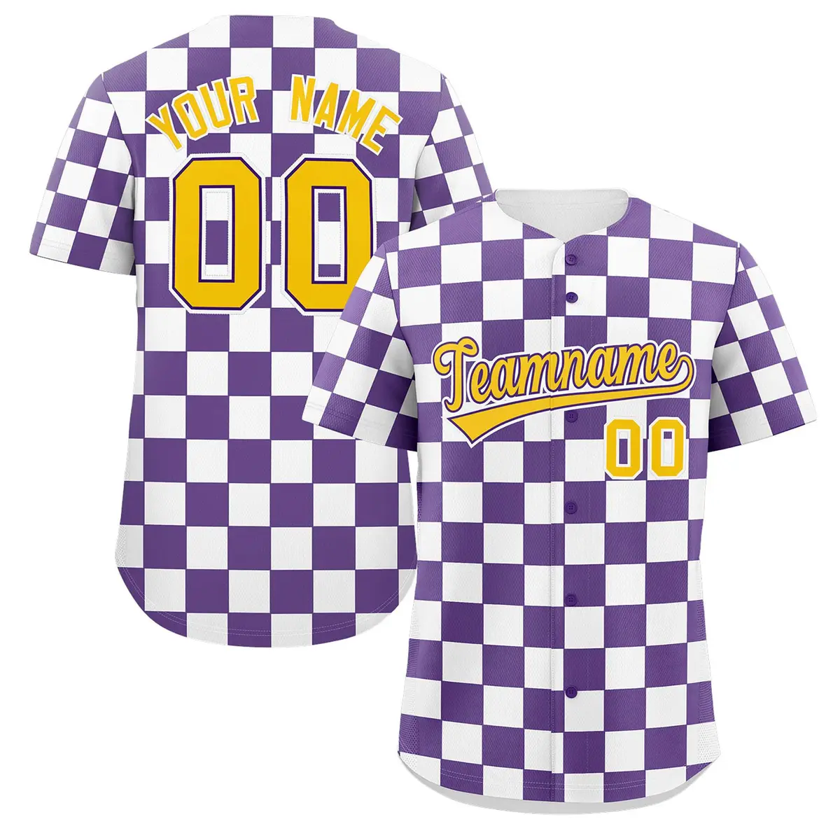 Purple White Square Grid Color Block Baseball Jersey