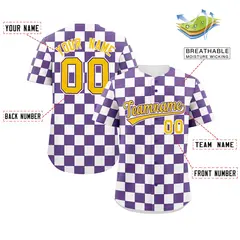 Purple White Square Grid Color Block Baseball Jersey 2