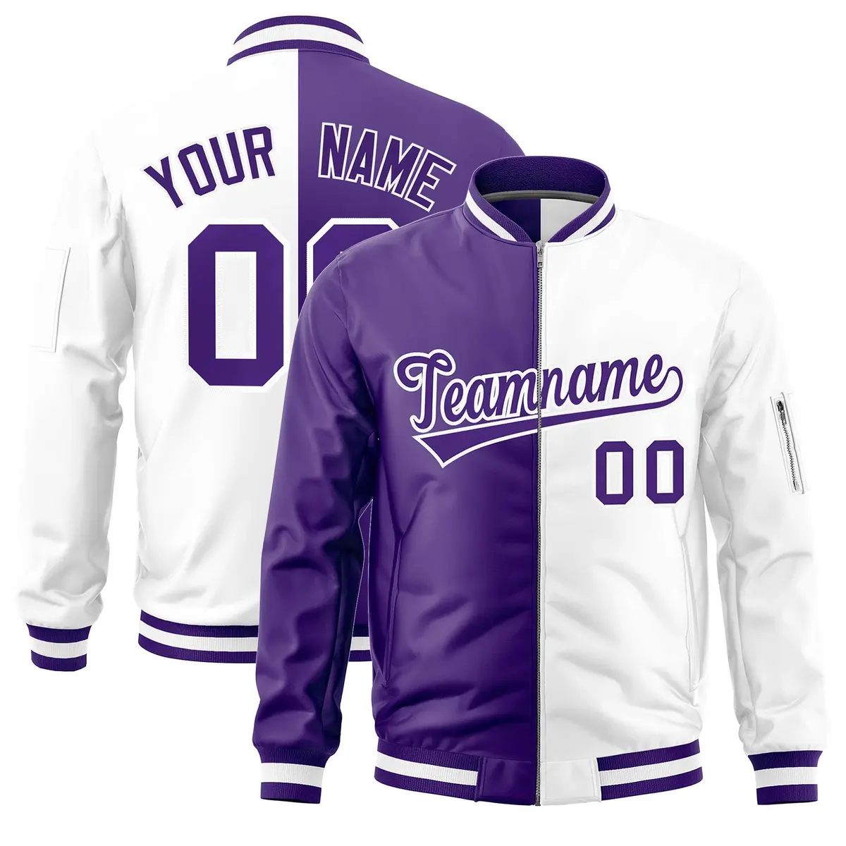 Purple White Two Tone Split Varsity Letterman Bomber Jacket
