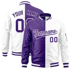 Purple White Two Tone Split Varsity Letterman Bomber Jacket 1