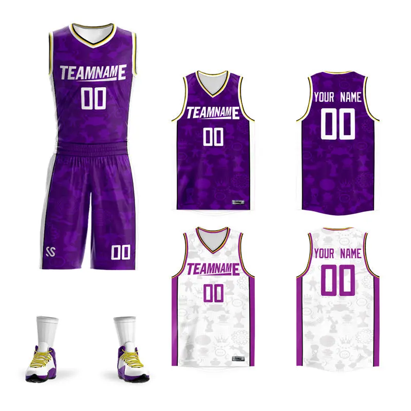 Purple White-Yellow Reversible Double Side Basketball Jersey