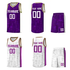 Purple White-Yellow Reversible Double Side Basketball Jersey 2