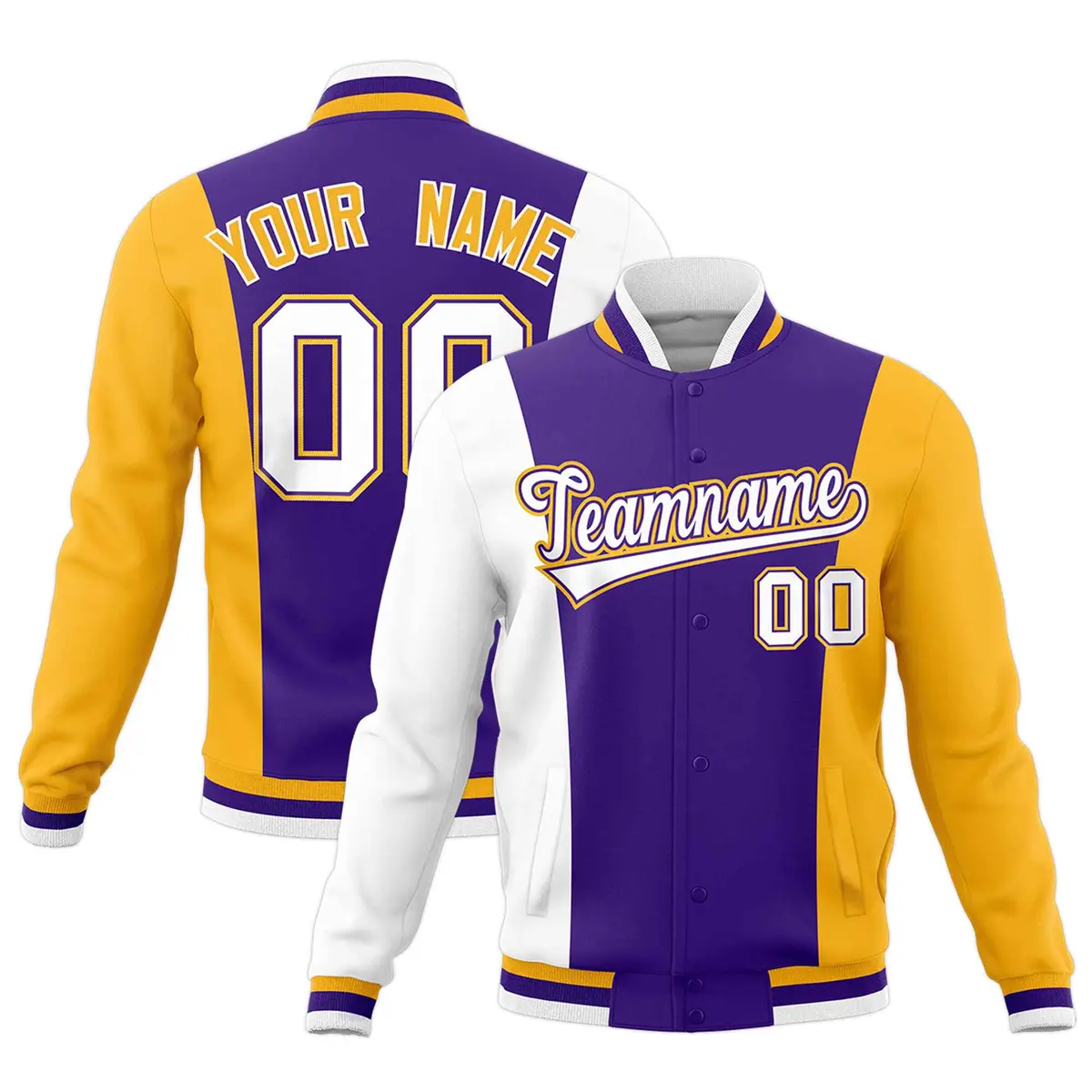 Purple White Yellow Three-Color Block Varsity Letterman Jacket