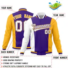 Purple White Yellow Three-Color Block Varsity Letterman Jacket 2