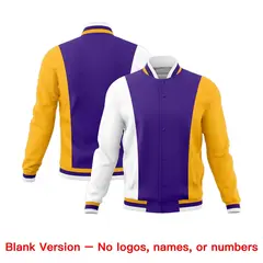 Purple White Yellow Three-Color Block Varsity Letterman Jacket 7
