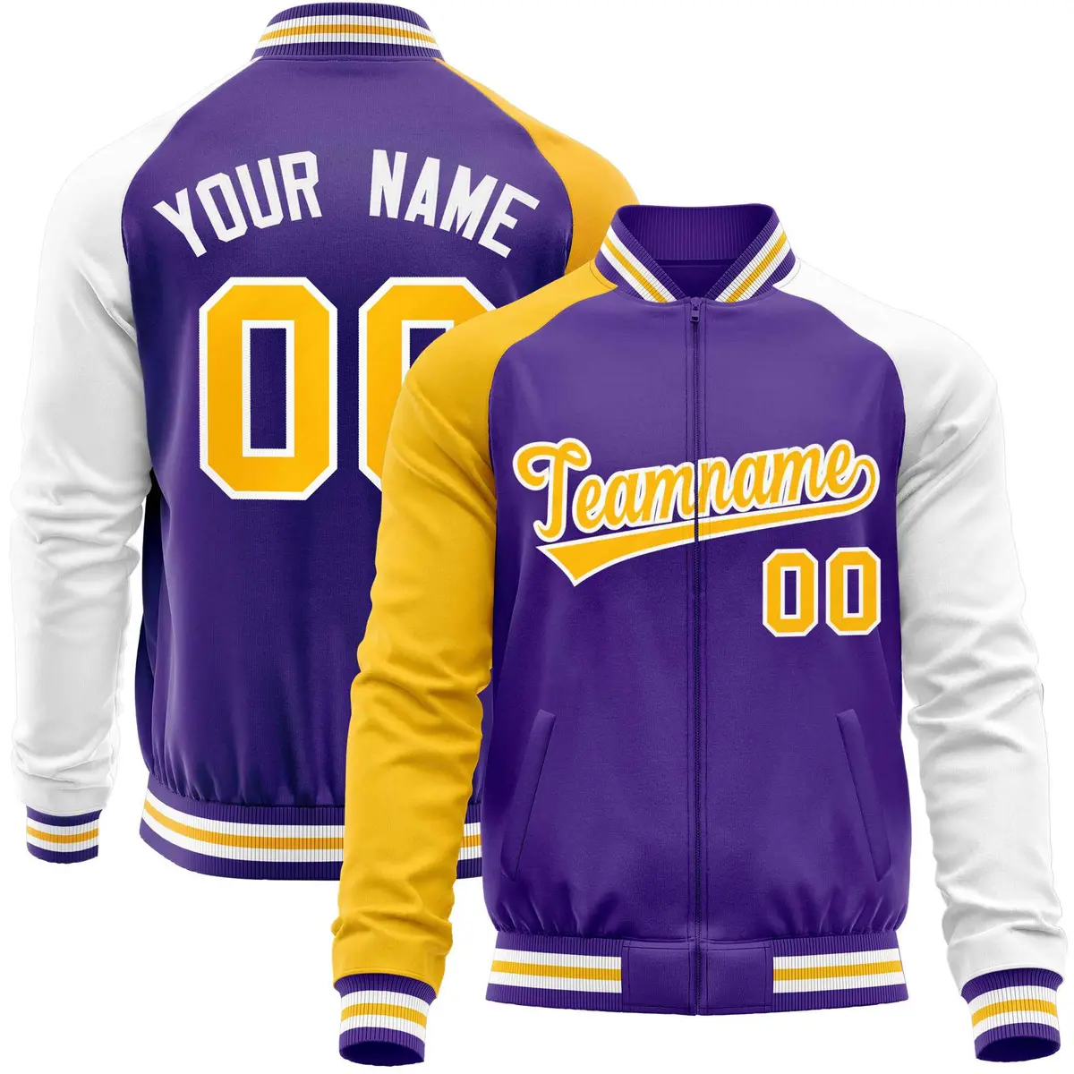 Purple White-Yellow Varsity Full-Zip Raglan Letterman Baseball Jacket