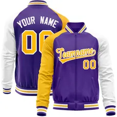 Purple White-Yellow Varsity Full-Zip Raglan Letterman Baseball Jacket 1