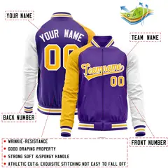 Purple White-Yellow Varsity Full-Zip Raglan Letterman Baseball Jacket 4