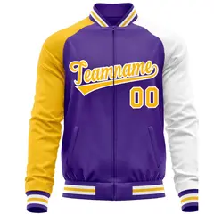 Purple White-Yellow Varsity Full-Zip Raglan Letterman Baseball Jacket 5