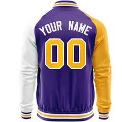 Purple White-Yellow Varsity Full-Zip Raglan Letterman Baseball Jacket 6