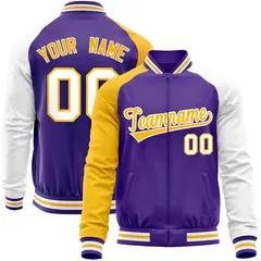 Purple White-Yellow Varsity Full-Zip Raglan Letterman Baseball Jacket 1