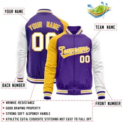 Purple White-Yellow Varsity Full-Zip Raglan Letterman Baseball Jacket 4