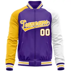 Purple White-Yellow Varsity Full-Zip Raglan Letterman Baseball Jacket 5
