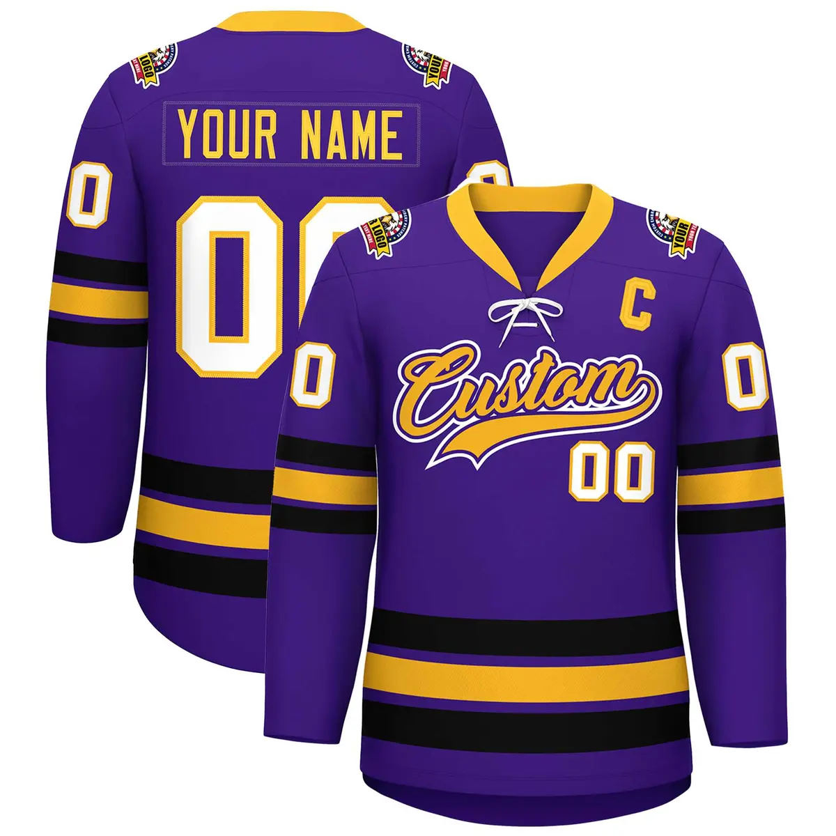 Purple Yellow-Black Lace-Up Neck Hockey Jersey