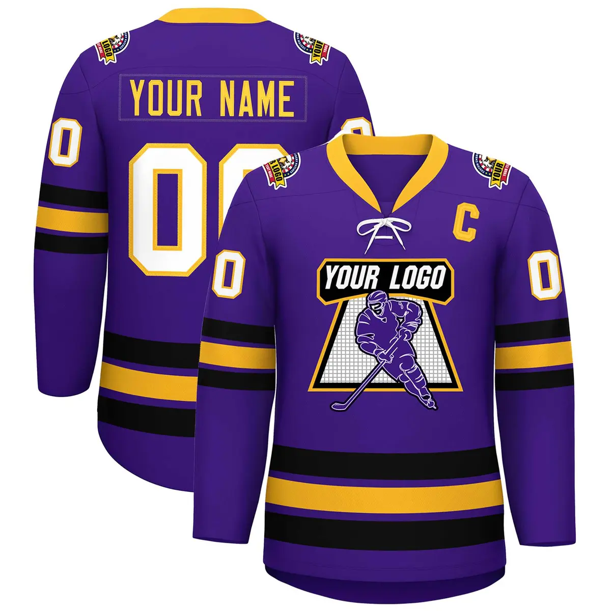 Purple Yellow-Black Lace-Up Neck Hockey Jersey