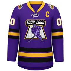 Purple Yellow-Black Lace-Up Neck Hockey Jersey 3