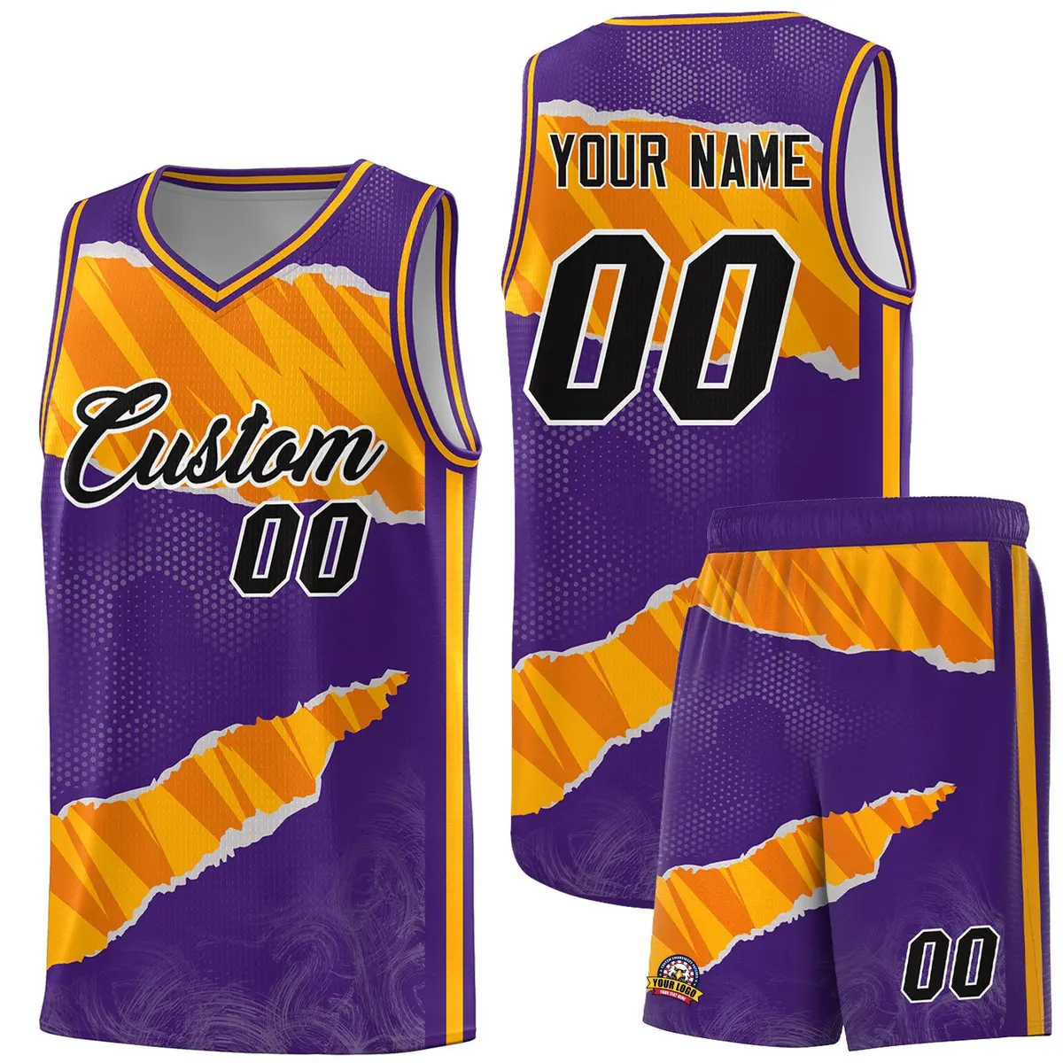 Purple Yellow-Orange Tear Graffiti Basketball Jersey