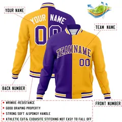 Purple Yellow-Purple Two Tone Split Varsity Full-Snap Letterman Jacket 4