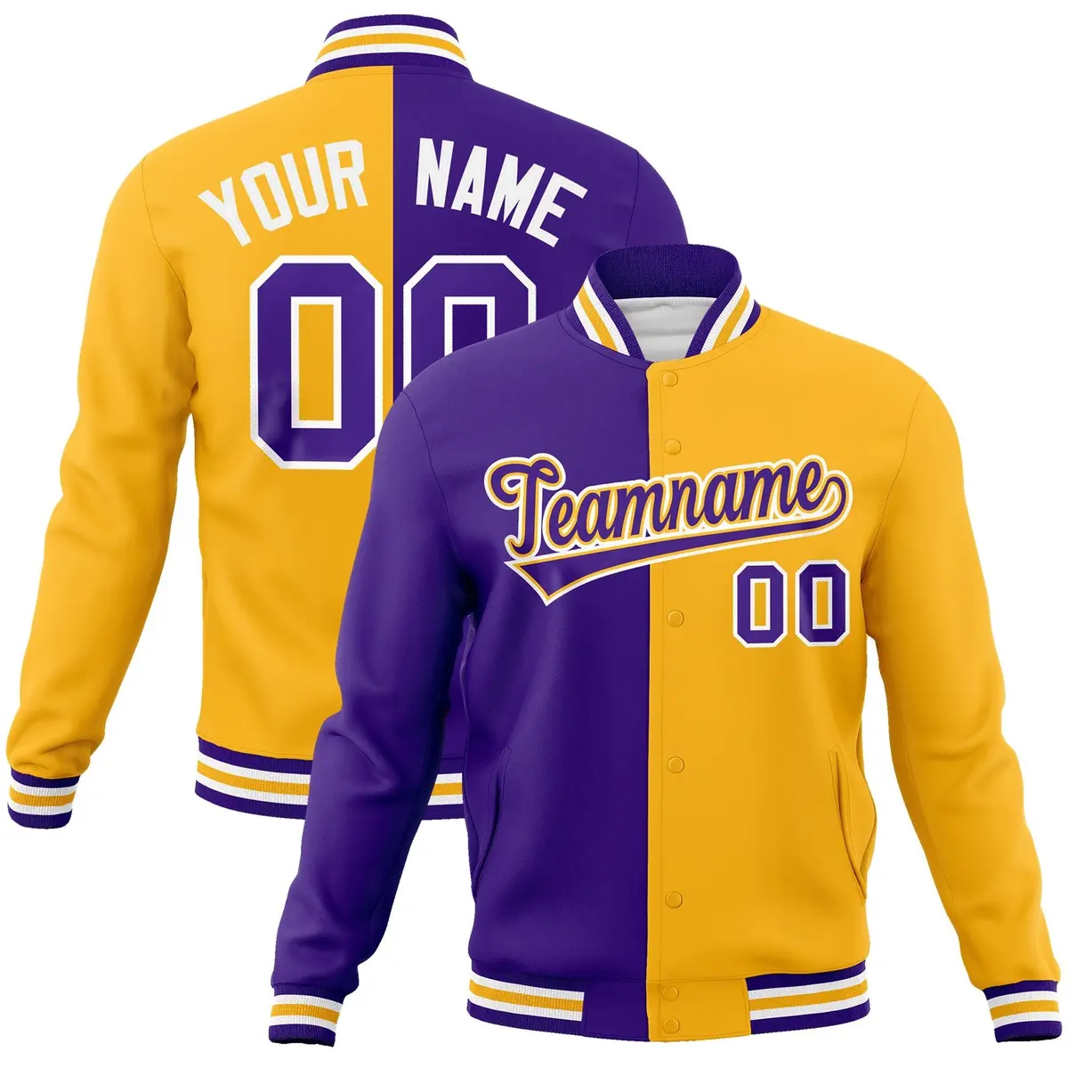 Purple Yellow-Purple Two Tone Split Varsity Full-Snap Letterman Jacket