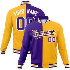 Purple Yellow-Purple Two Tone Split Varsity Full-Snap Letterman Jacket 1